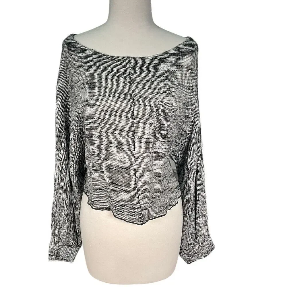 Free People Black & White Boat Neck Tight Knit Long Sleeve Cropped Sweater Small